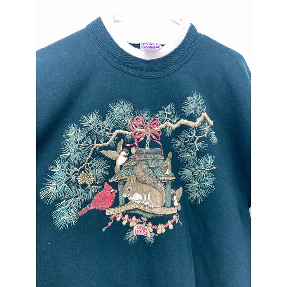 Vintage Holiday Birds Squirrel Green Crewneck Sweatshirt Open House Size 1X - Picture 1 of 7